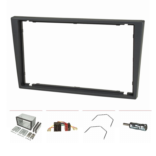 Double DIN radio cover set compatible with Opel Corsa C Combo Omega B Vectra C Meriva smoke grey with installation kit radio adapter ISO antenna adapter ISO DIN release bracket