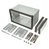 Double DIN radio bezel set compatible with Opel Corsa C Combo Omega B Vectra C Meriva smoke gray with installation kit, radio adapter, ISO antenna adapter, ISO DIN release bracket