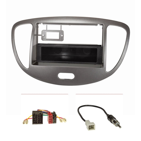 Double DIN 1DIN radio cover set compatible with Hyundai i10 My.2008-2013 dark silver with radio adapter ISO GT5 antenna adapter DIN