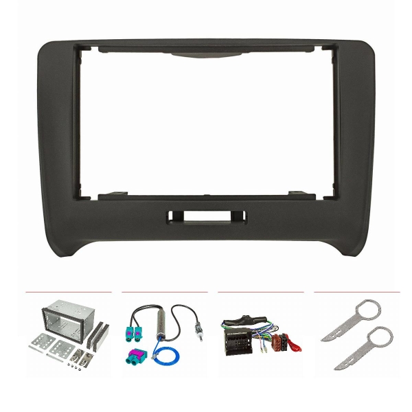 Double DIN radio cover set compatible with Audi TT 8J My.2007-2014 anthracite with Quadlock active system adapter for Bose double Fakra antenna adapter DIN release bracket