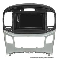 Double DIN radio bezel compatible with Hyundai H1 (TQ) vehicles with clock via OEM device from 2015 onwards, black/silver