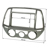 Double DIN radio bezel compatible with Hyundai i20 from 2012 silver vehicles with manual air conditioner