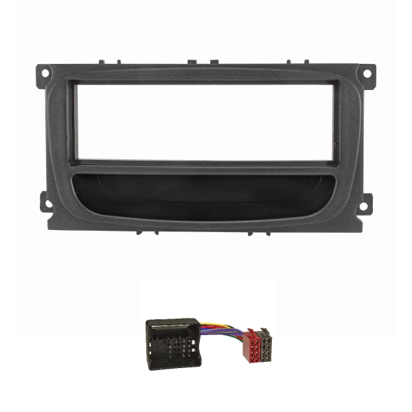 Radioblende Set kompatibel mit Ford Focus 2 Mondeo S-Max C-Max Galaxy Kuga schwarz mit Ablagefach Quadlockadapter ISO